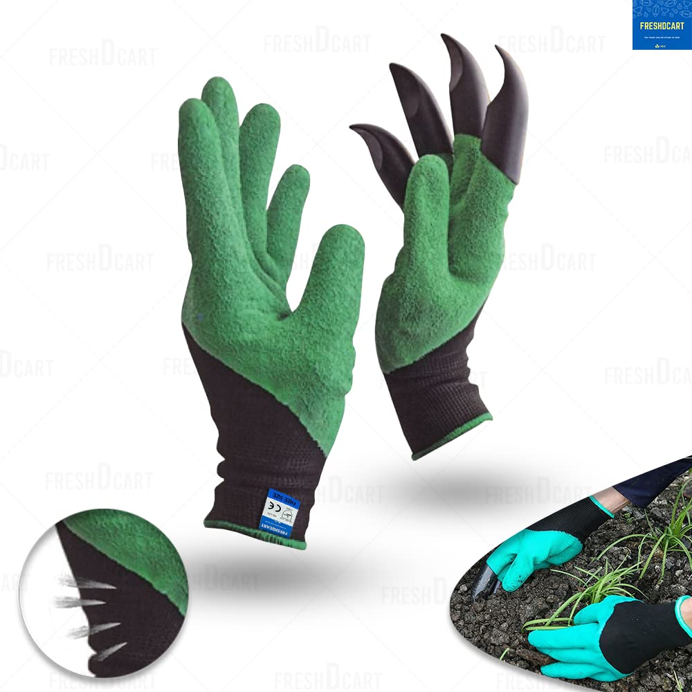 FreshDcart Gloves for Gardening Work – Heavy Duty Washable Gardening Gloves for Home Garden Use with ABS Claws on Right Hand Fingertips for Digging (Free Size, Green, Pack of 1)