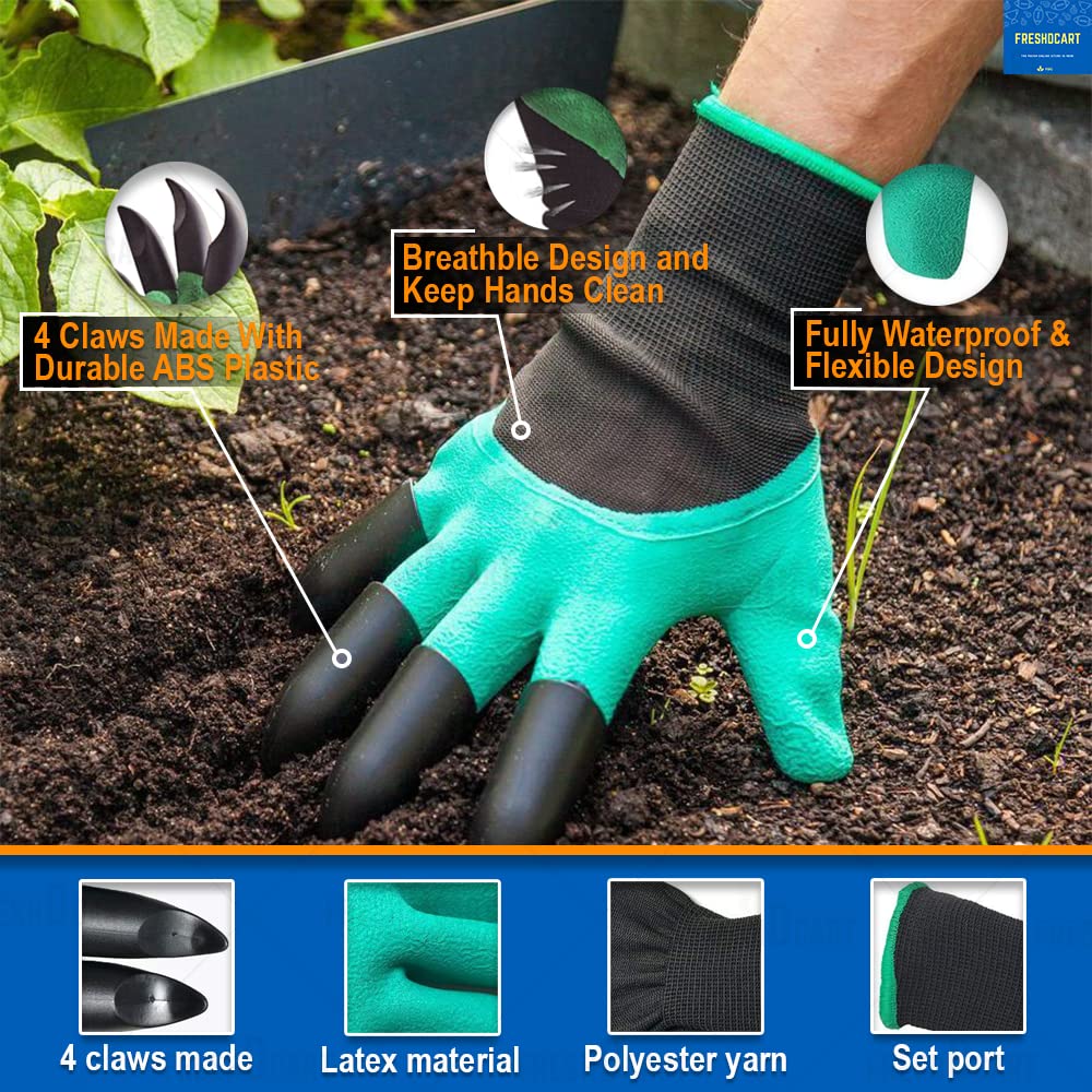 FreshDcart Gloves for Gardening Work – Heavy Duty Washable Gardening Gloves for Home Garden Use with ABS Claws on Right Hand Fingertips for Digging (Free Size, Green, Pack of 1)