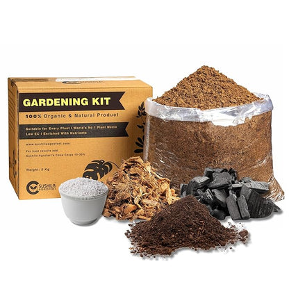 5kg Gardening Combo for Pot Plants and Seed Germination, Soil Less 4 in 1 Potting Mixture-Cocopeat, Vermiculite, Neem Khad, Organic Fertilizer for Plants, Pot Mix for Home Gardening