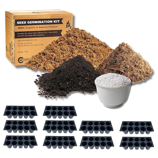 Seed Germination Kit - 5kg with Peat Moss, Cocopeat, Perlite, Vermicompost and 10 Cavity Seed Trays